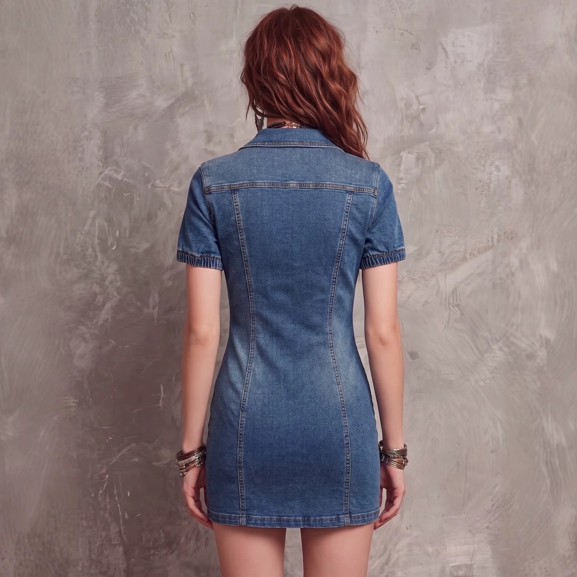 Fashion Elastic Fitted Denim Dress with Sexy Zipper Pocket Design Short Dress