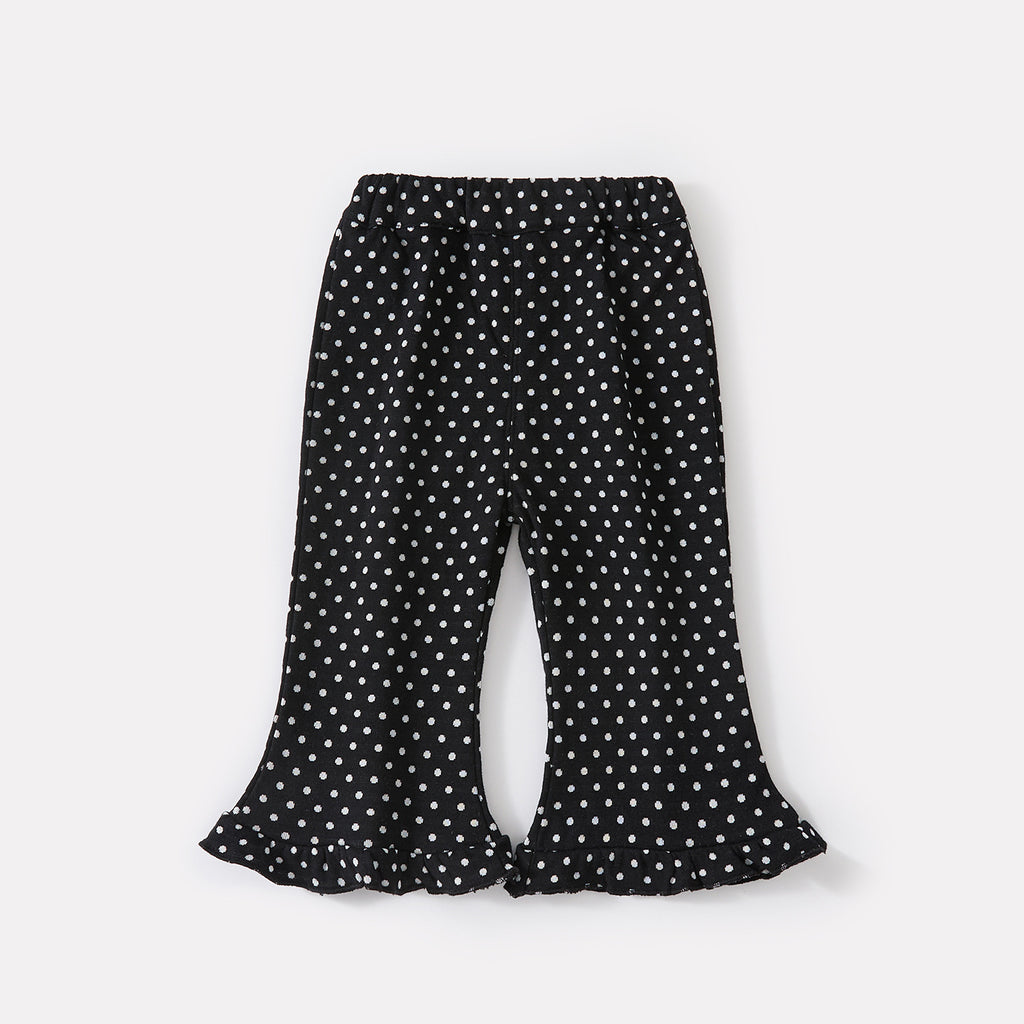 False Two-Piece Polka Dot Top with Ruffled Trim, Slim Fit Flared Pants Set for Baby Girls