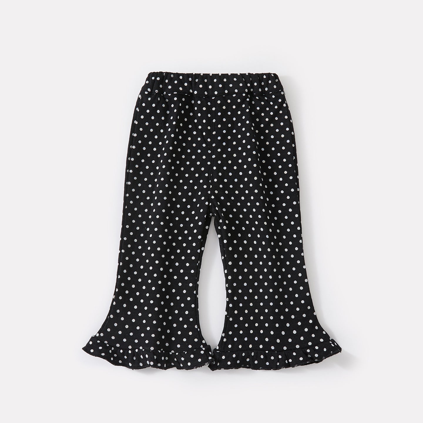 False Two-Piece Polka Dot Top with Ruffled Trim, Slim Fit Flared Pants Set for Baby Girls
