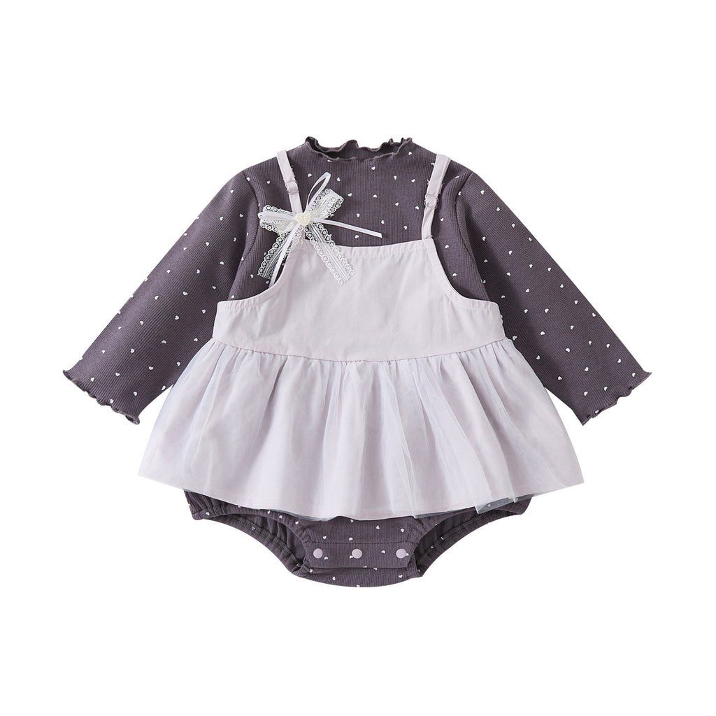 Cute Heart Knit Romper Sweet Lace Bow Sleeveless Dress Two-Piece Set