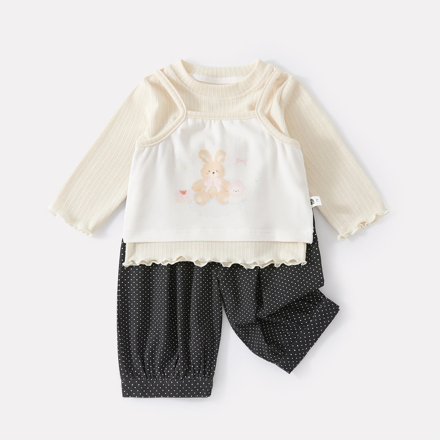 Simple Solid Color Top with Cartoon Strap Loose Polka Dot Cuffed Pants 3-Piece Set