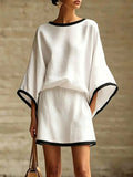 Cotton Linen Casual Batwing Sleeve Top and Skirt Two-Piece Set for Women