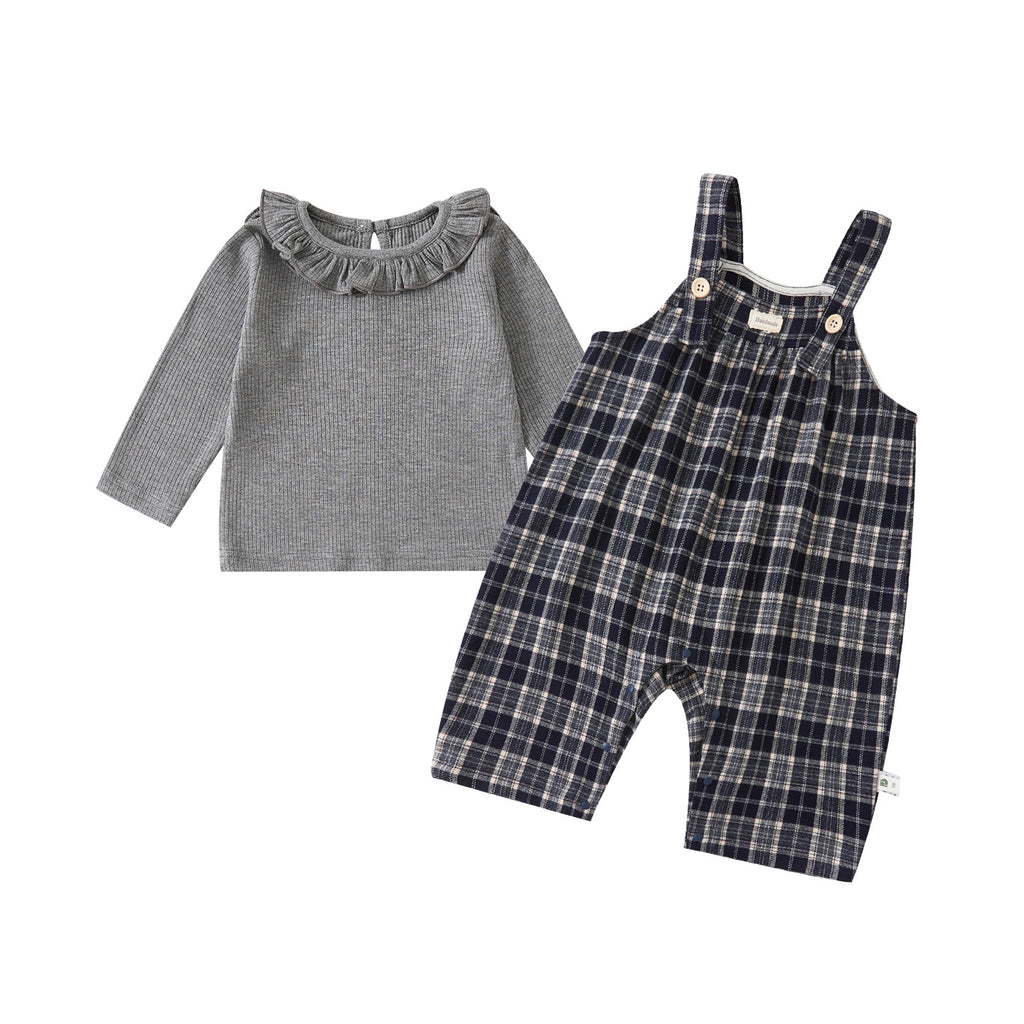 Simple Leaf Collar Knit Bodysuit for Baby Girls Plaid Overalls Two-Piece Set