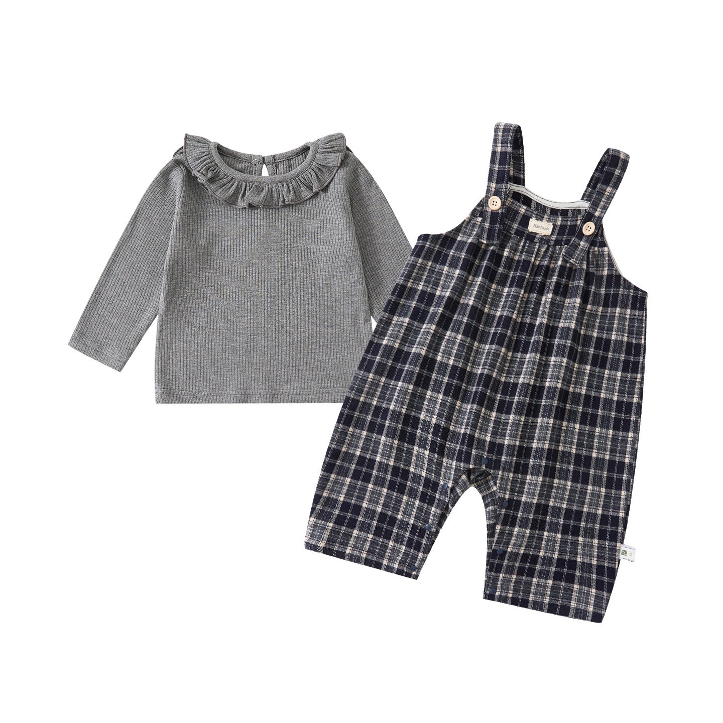 Simple Leaf Collar Knit Bodysuit for Baby Girls Plaid Overalls Two-Piece Set