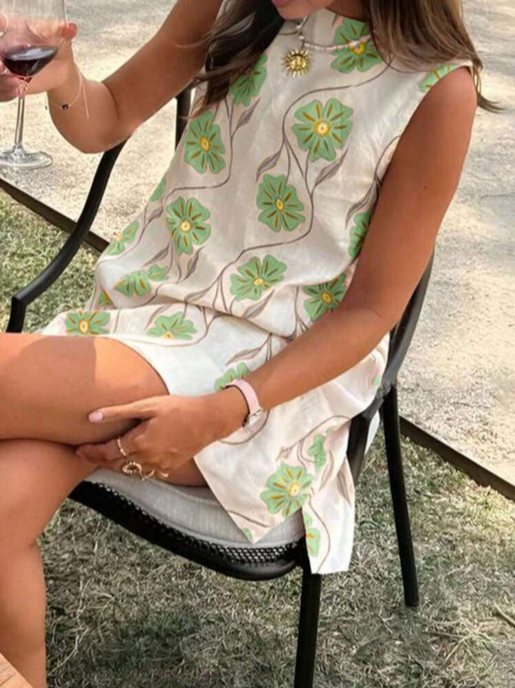 Fashionable Pink Floral Round Neck Sleeveless Vest Dress for Women Casual Summer Style