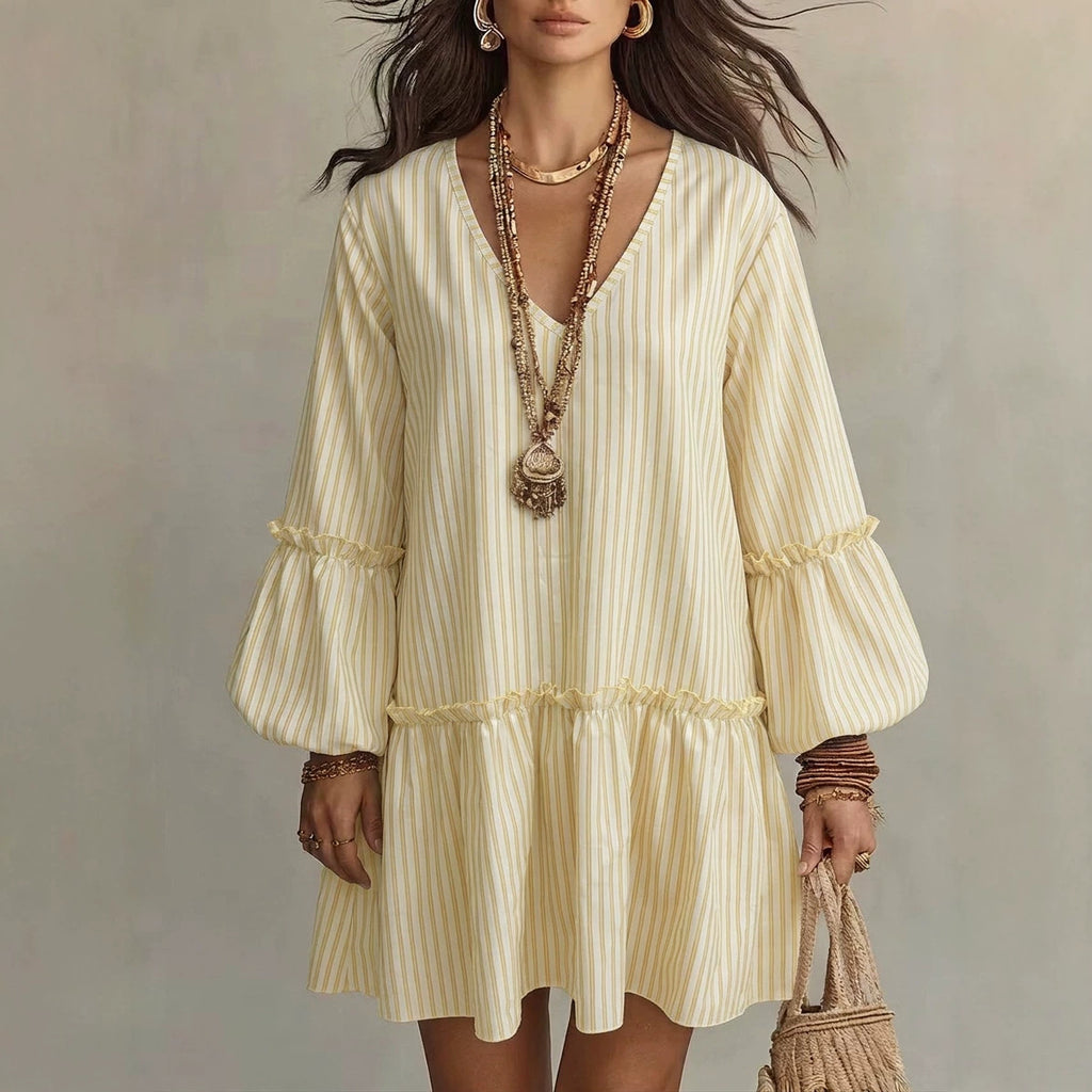 Style Autumn New Women's Long Sleeve Dress Stripe Print V-Neck Lantern Sleeve Loose Mini Dress