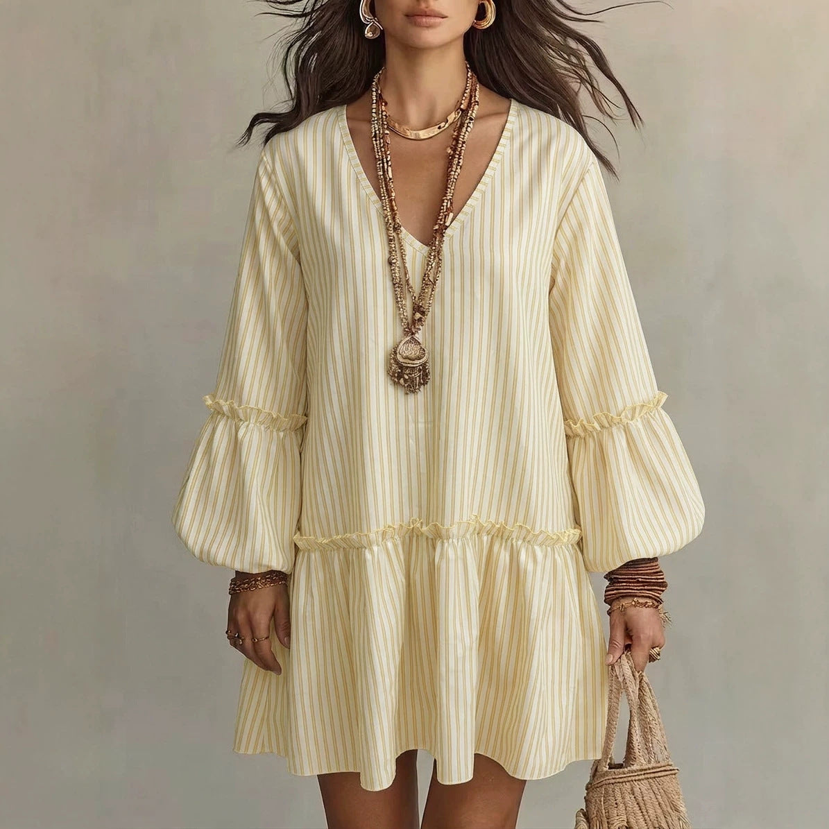 Style Autumn New Women's Long Sleeve Dress Stripe Print V-Neck Lantern Sleeve Loose Mini Dress