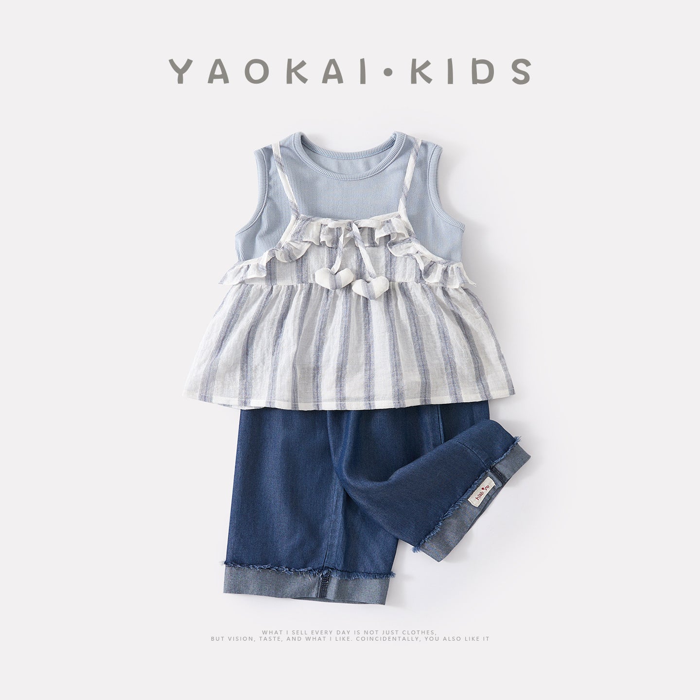 Striped Sleeveless Top Simple Tank Top Set with Rolled Hem Denim Pants for Toddler Girls Summer Lightweight Outfit