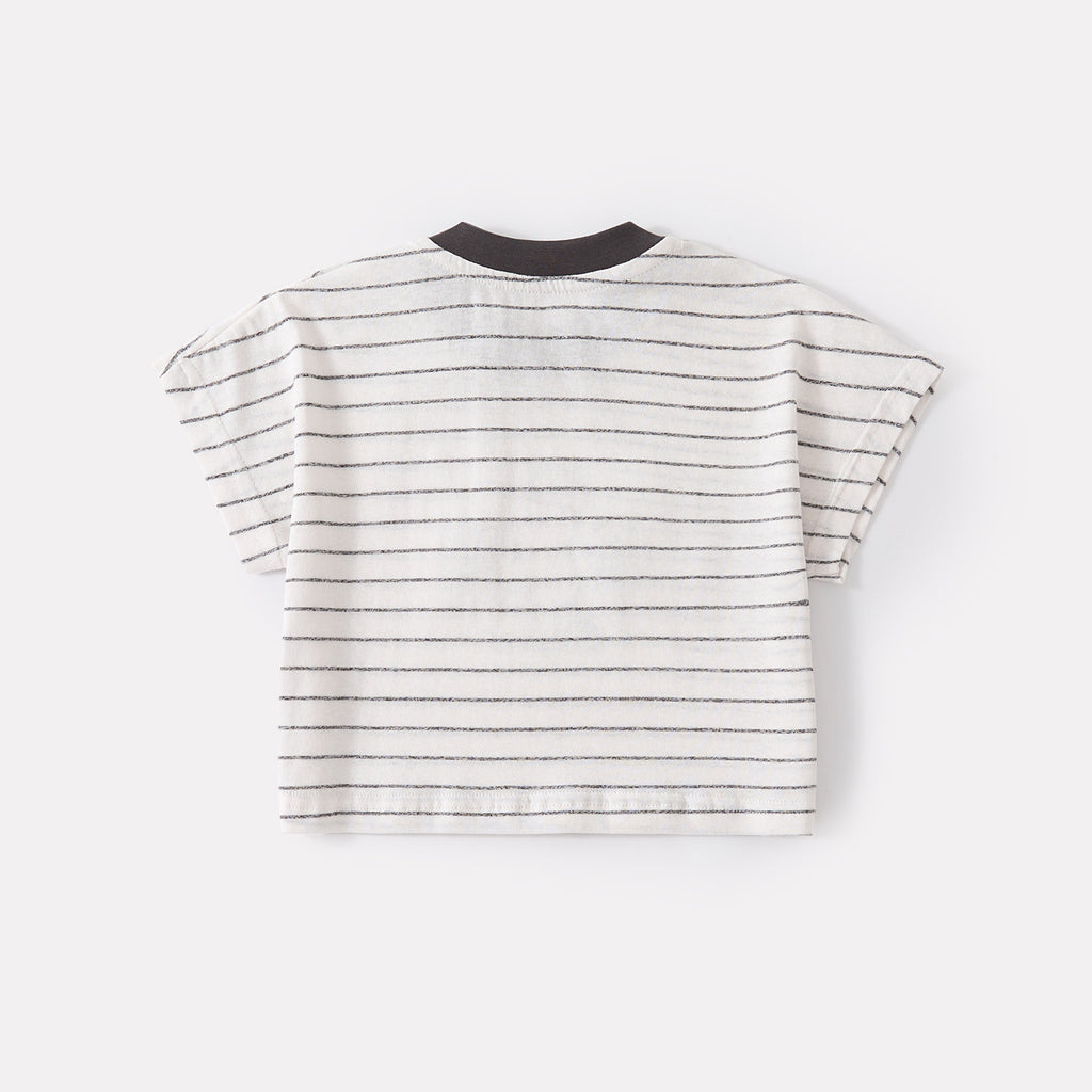 Cartoon Embroidered Stripe Short Sleeve Outfit with Breathable Mosquito-Resistant Pants, Stylish Two-Piece Set