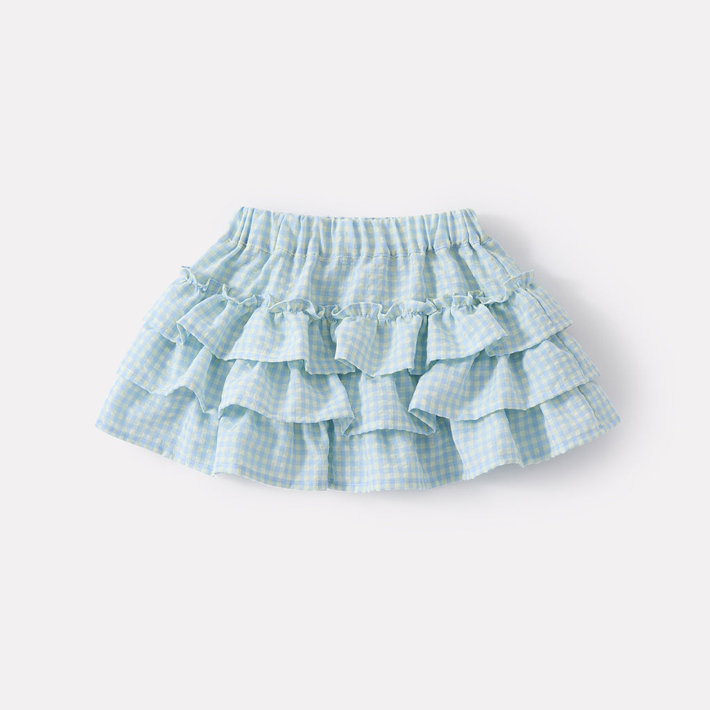 Infant Butterfly Bow Peter Pan Collar Cartoon Shirt and Checkered Cake Skirt Two-Piece Set
