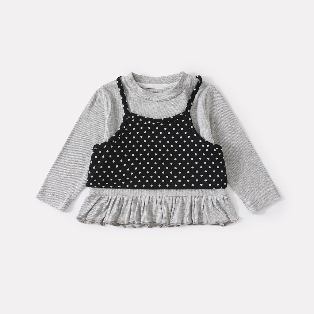 False Two-Piece Polka Dot Top with Ruffled Trim, Slim Fit Flared Pants Set for Baby Girls