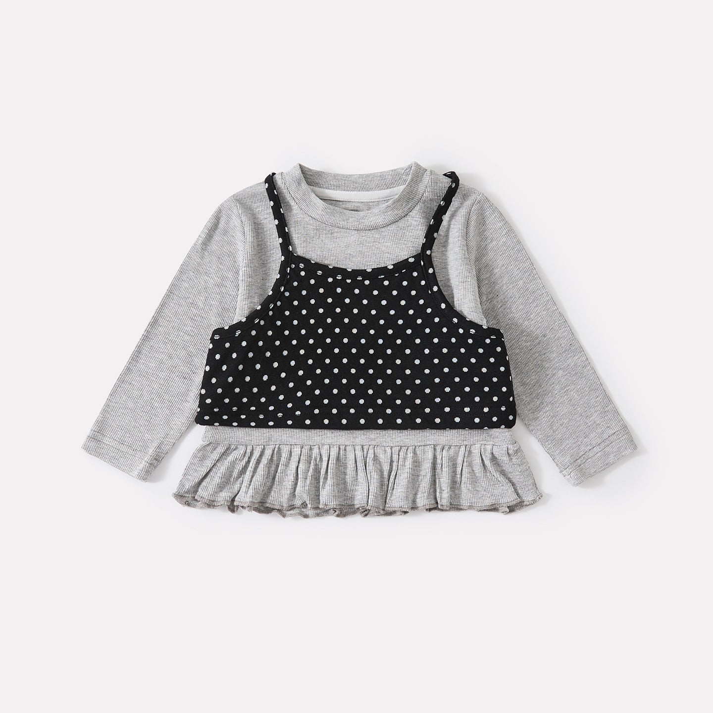 False Two-Piece Polka Dot Top with Ruffled Trim, Slim Fit Flared Pants Set for Baby Girls