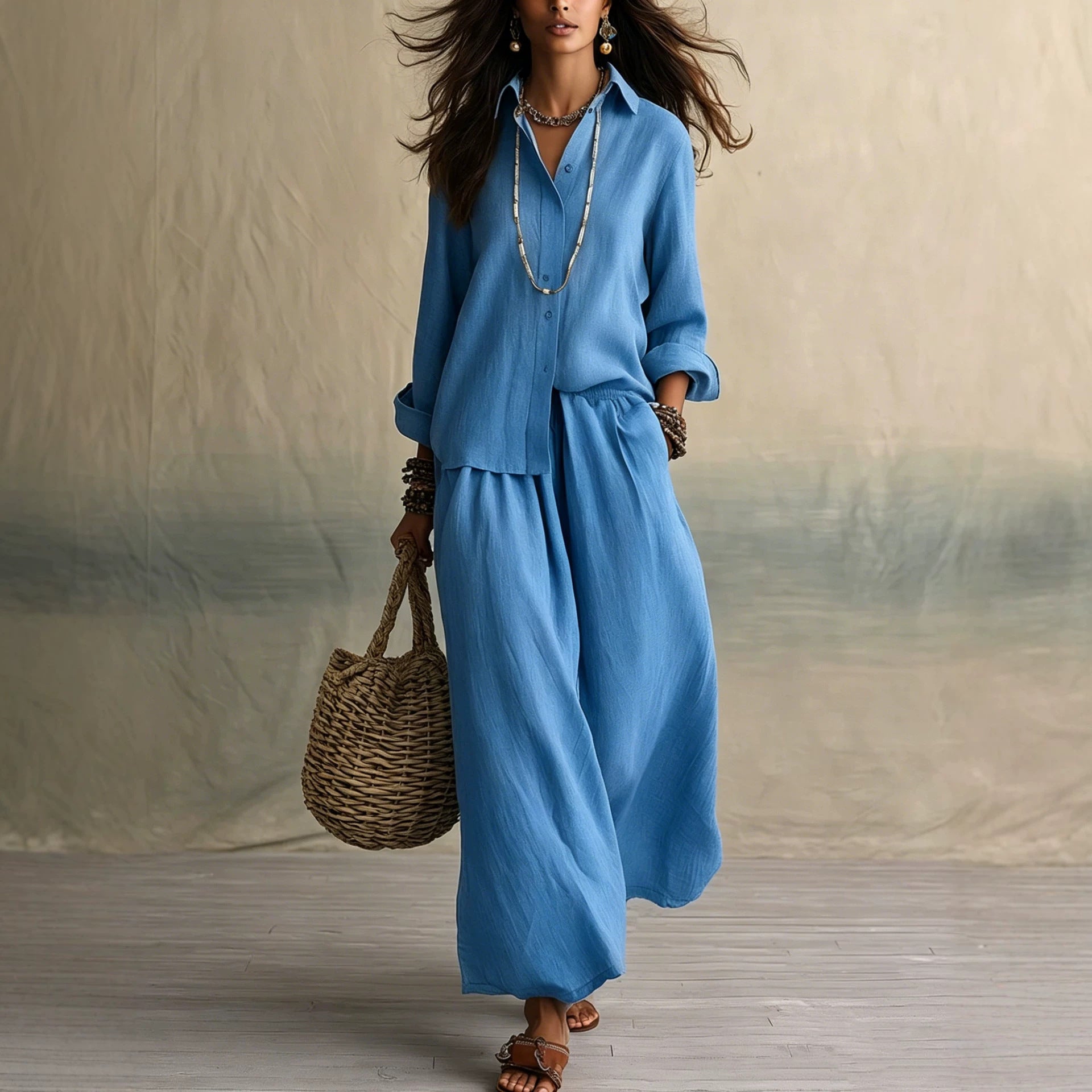 Summer High-End Shirt Collar Outfit Loose Cotton Linen Women's Set