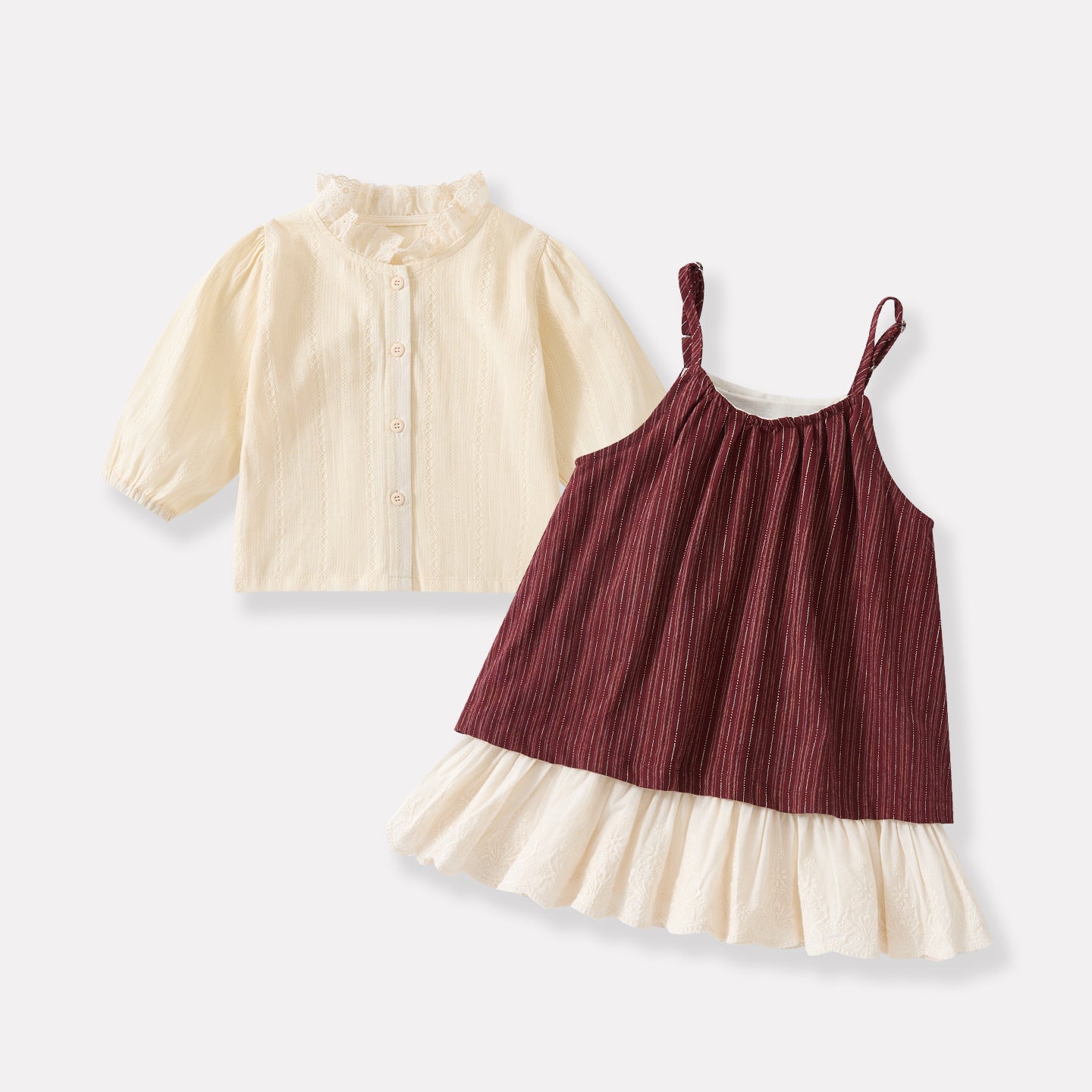 Cute Simple Puff Sleeve Blouse for Girls Striped Romper Set Two-Piece Outfit