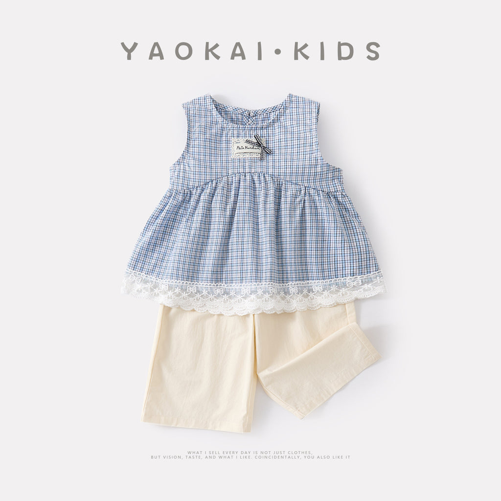 Trim Checkered Vest and Loose Pants Two-Piece Set for Baby Girls Casual Outfit