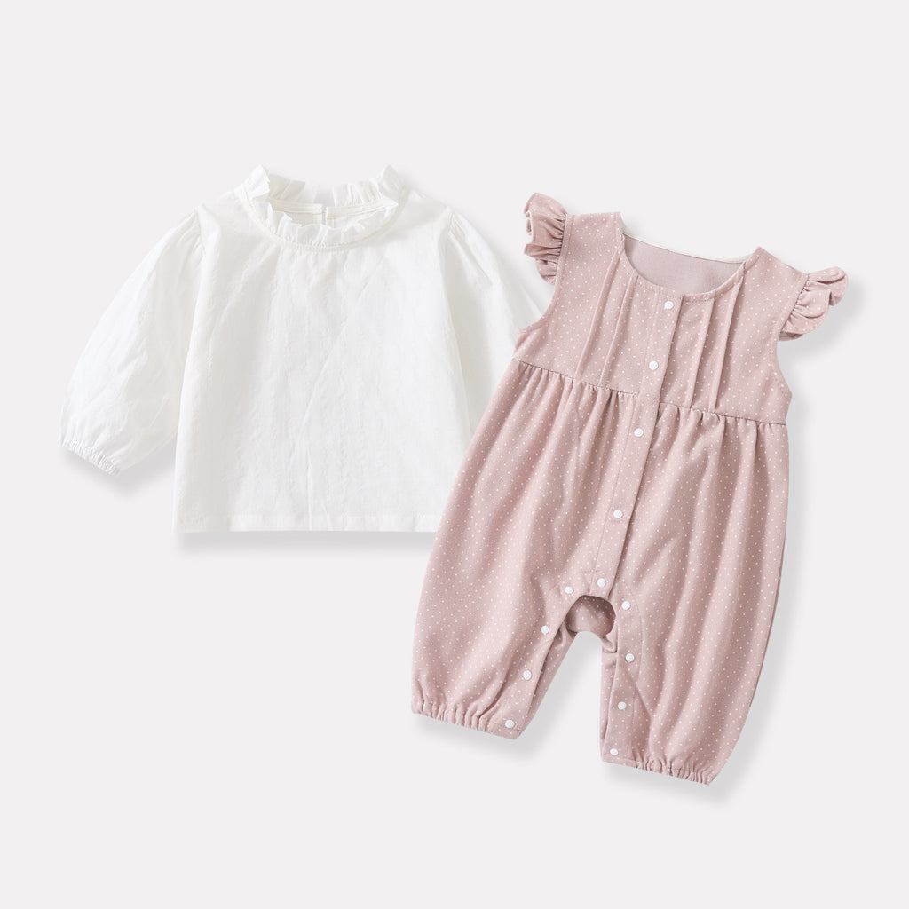 Cute Polka Dot Flutter Sleeve Bodysuit Set for Baby Girls, Casual Simple Long Sleeve Top