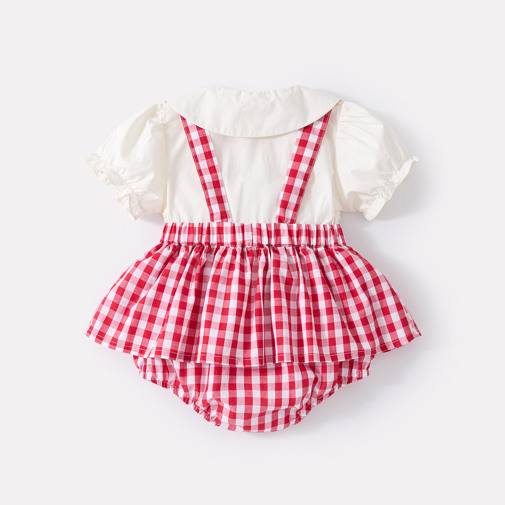 Baby Doll Collar Cartoon Embroidered Cat Short Sleeve Infant Plaid Overall Romper Two-Piece Set