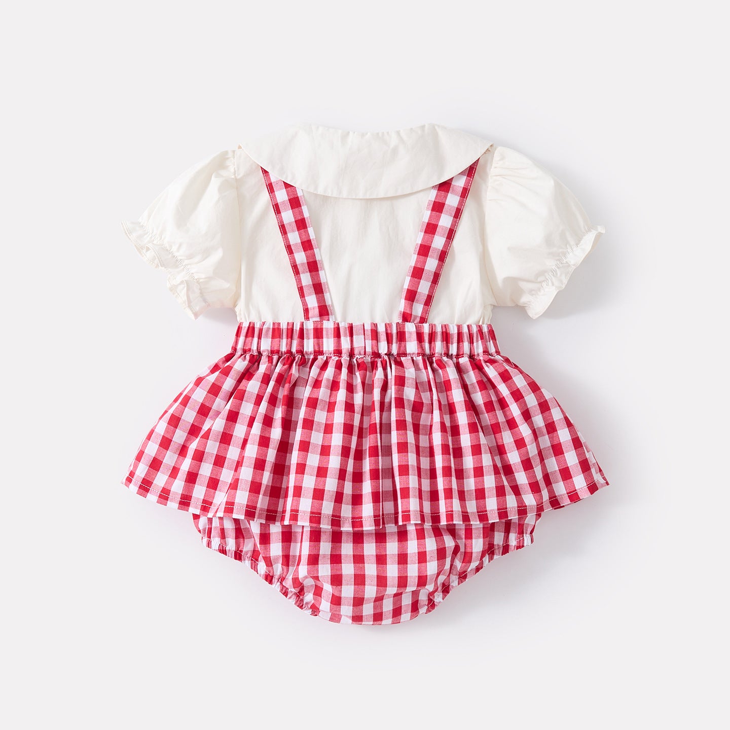 Baby Doll Collar Cartoon Embroidered Cat Short Sleeve Infant Plaid Overall Romper Two-Piece Set