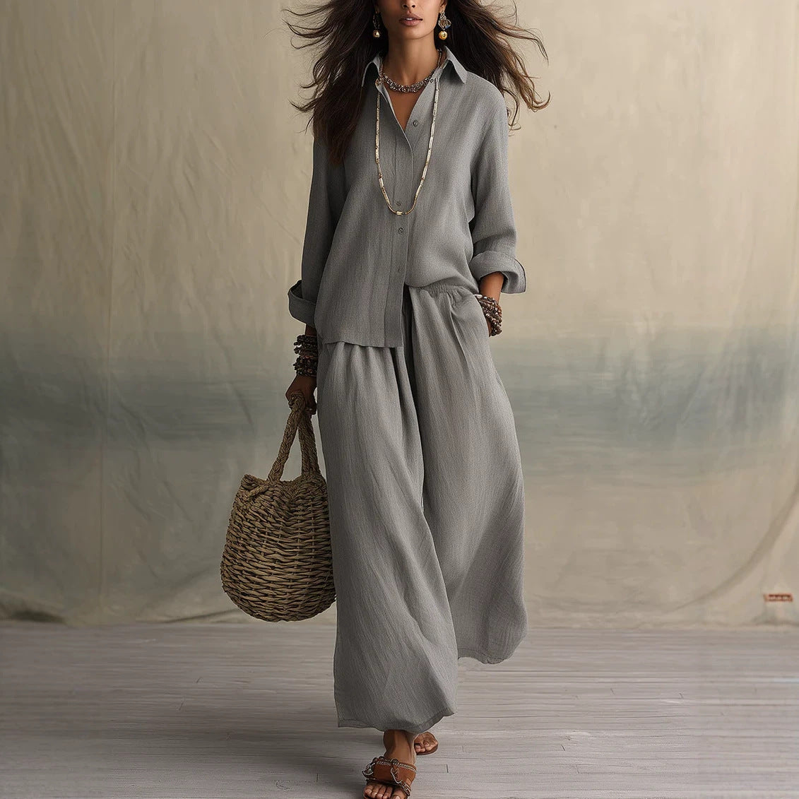 Summer High-End Shirt Collar Outfit Loose Cotton Linen Women's Set