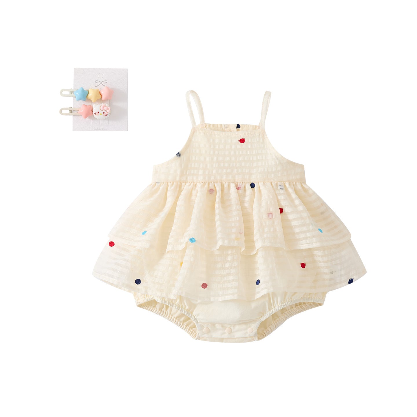 Sweet Patchwork Polka Dot Strap Romper for Girls, Casual Breathable One-Piece Crawler