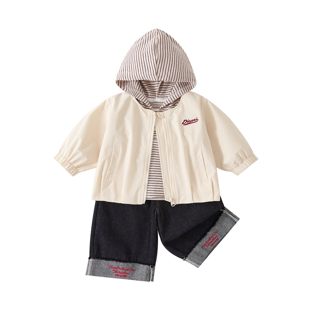 Boys' Autumn Striped Hooded Top, Embroidered Cuff Jeans Three-Piece Set
