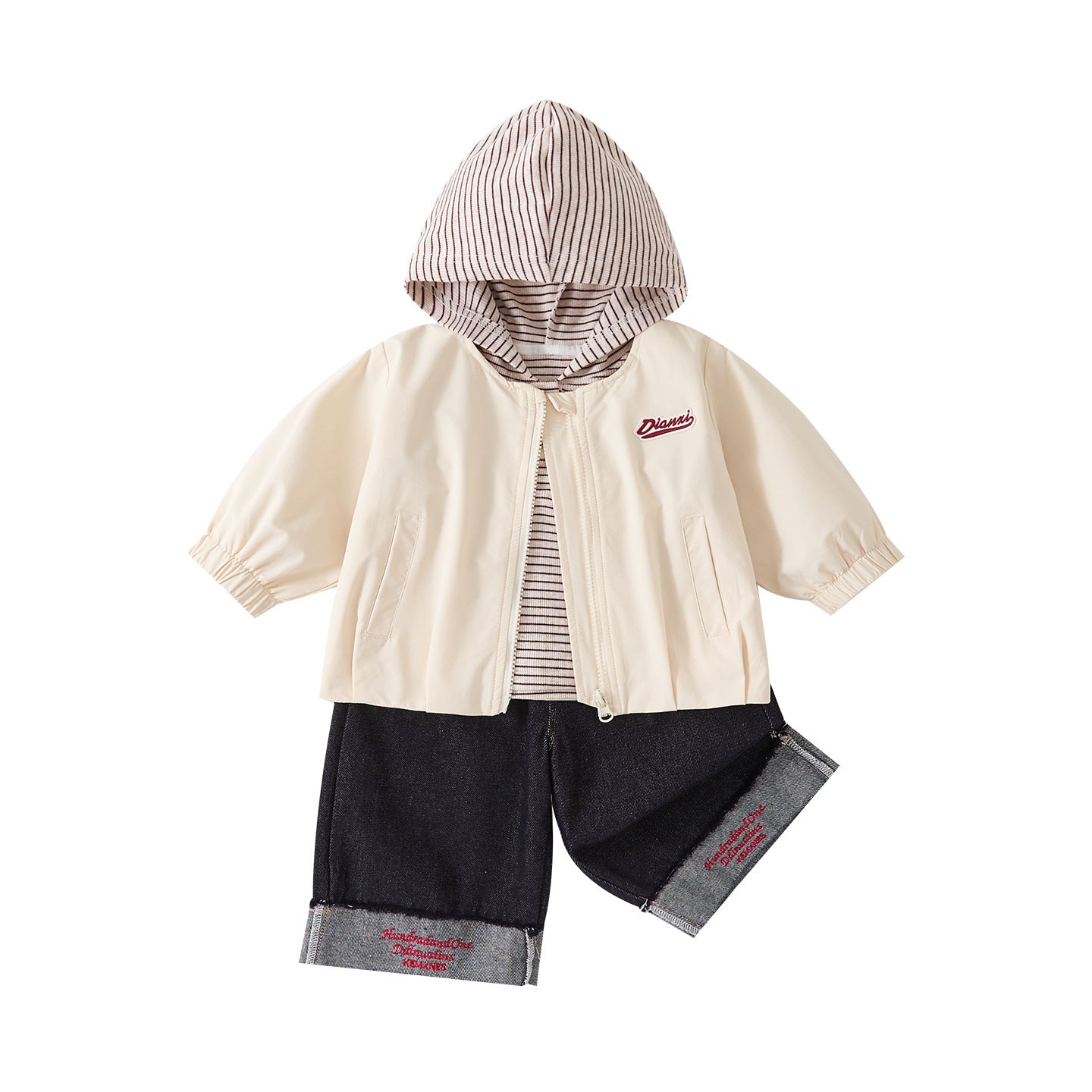Boys' Autumn Striped Hooded Top, Embroidered Cuff Jeans Three-Piece Set