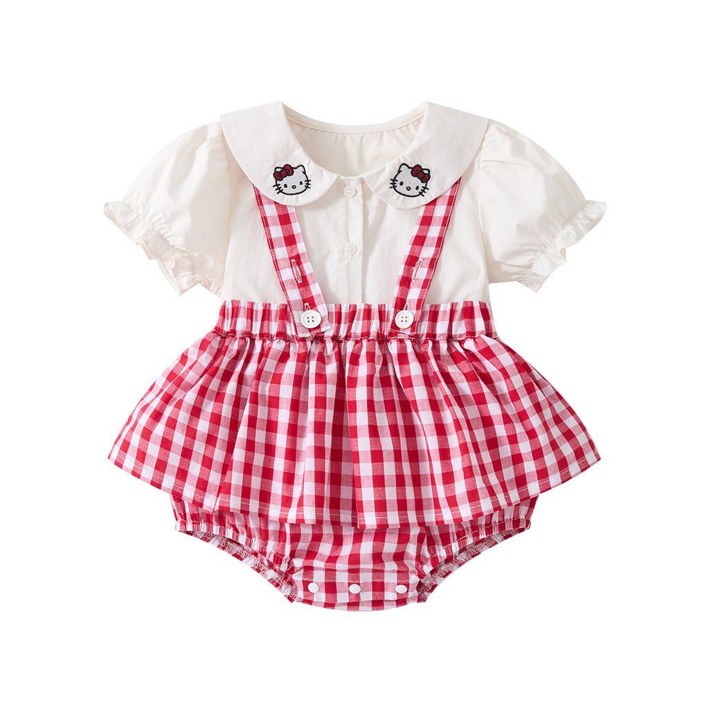 Baby Doll Collar Cartoon Embroidered Cat Short Sleeve Infant Plaid Overall Romper Two-Piece Set