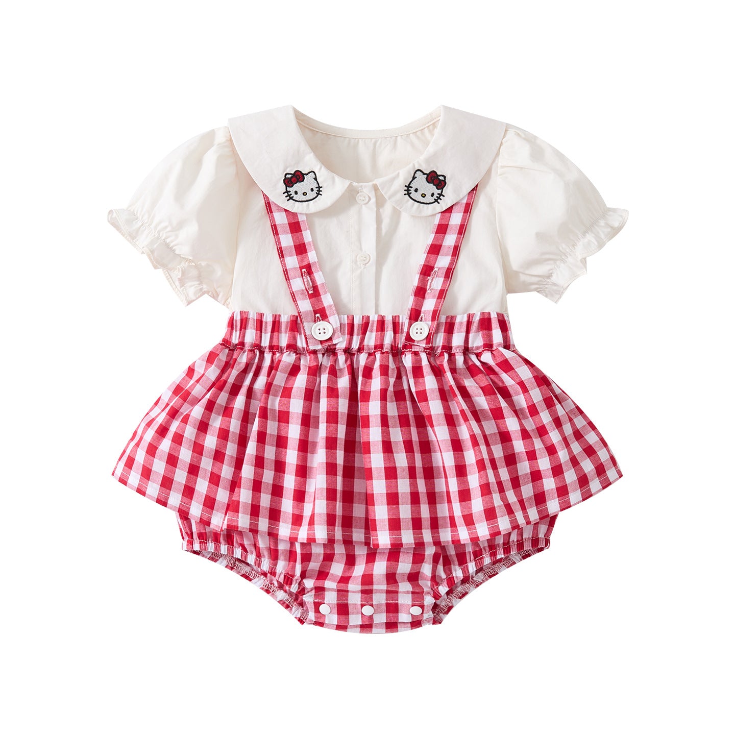 Baby Doll Collar Cartoon Embroidered Cat Short Sleeve Infant Plaid Overall Romper Two-Piece Set
