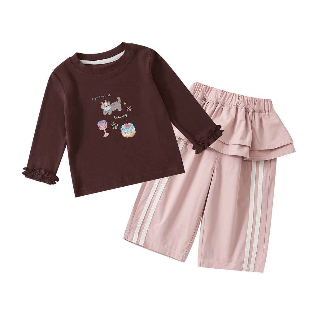 Cartoon Print Bodysuit for Baby Girls Zipper Paneled Diaper Cover Wide Leg Pants Two-piece Set