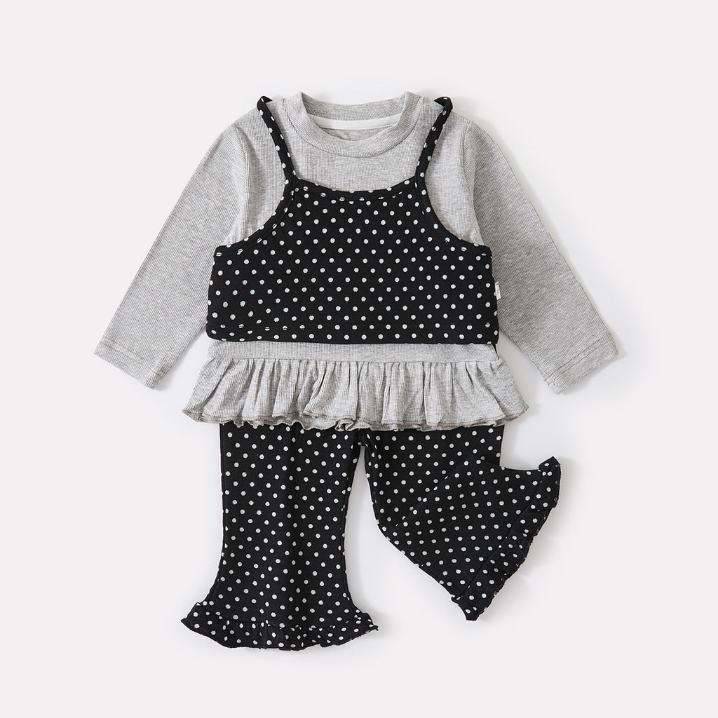 False Two-Piece Polka Dot Top with Ruffled Trim, Slim Fit Flared Pants Set for Baby Girls