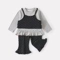 False Two-Piece Polka Dot Top with Ruffled Trim, Slim Fit Flared Pants Set for Baby Girls