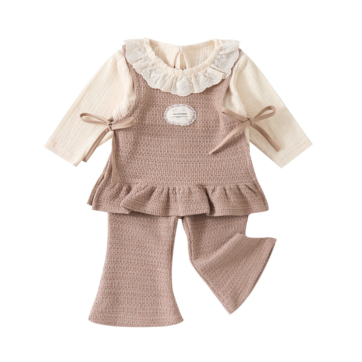 Ruffled Collar Bodysuit, Casual Simple Sleeveless Top and Flared Pants 3-Piece Set