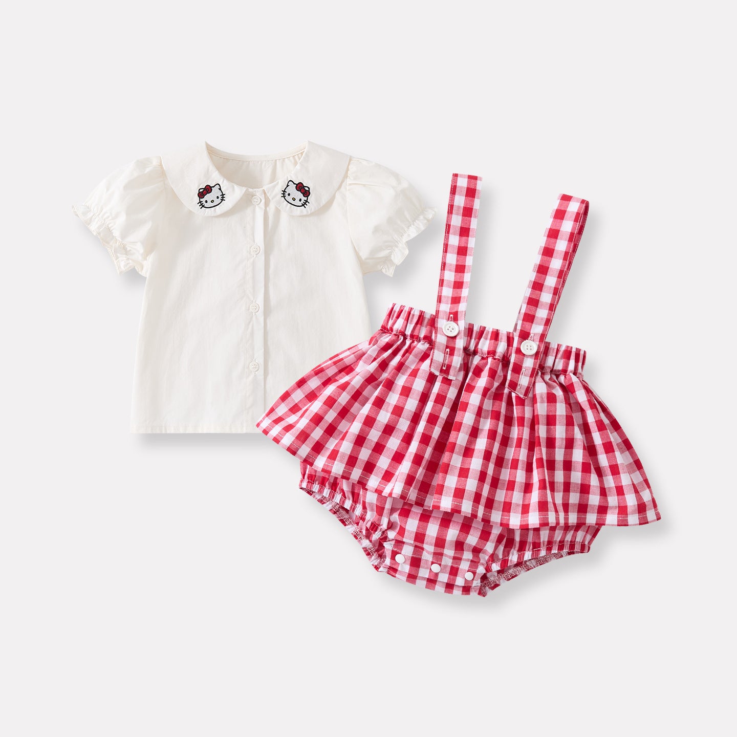 Baby Doll Collar Cartoon Embroidered Cat Short Sleeve Infant Plaid Overall Romper Two-Piece Set