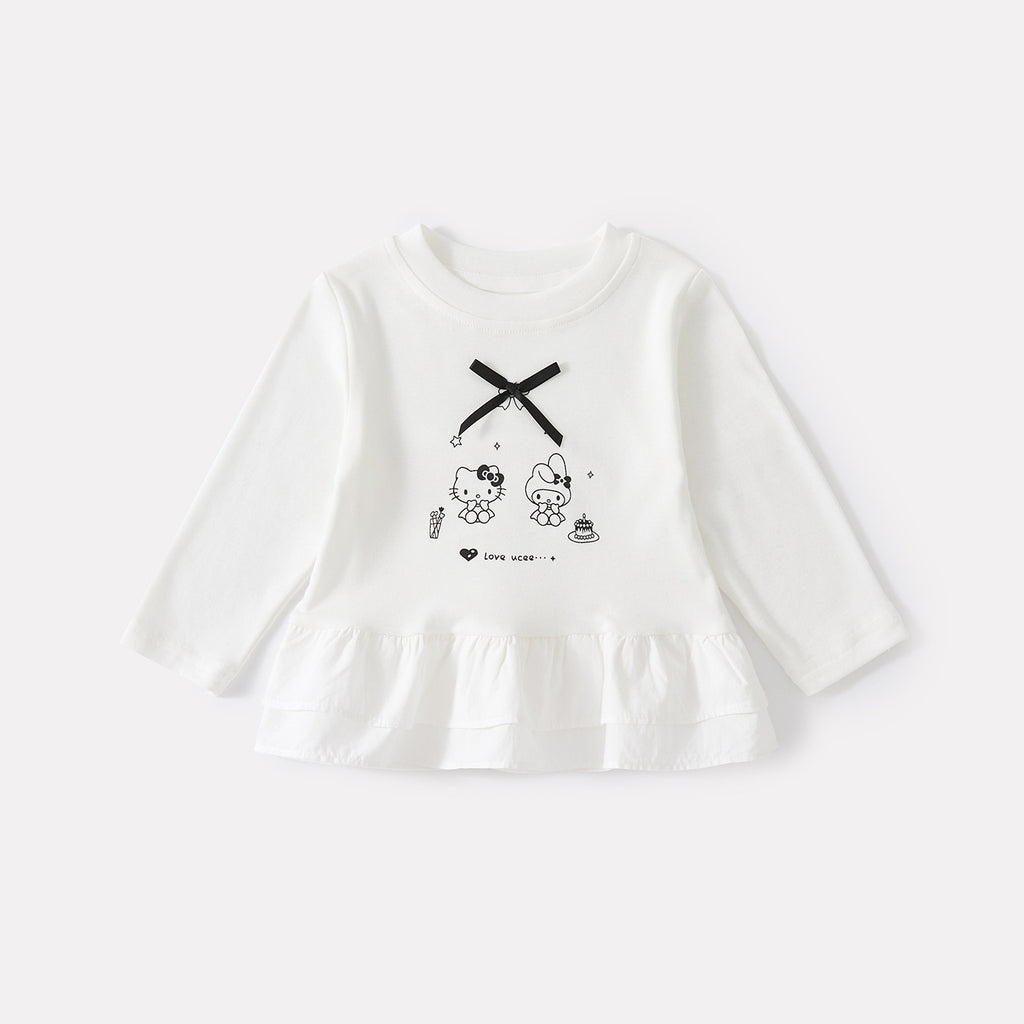 Cartoon Print Long Sleeve T-Shirt with Polka Dot Ruffled Straight Pants Two-Piece Set