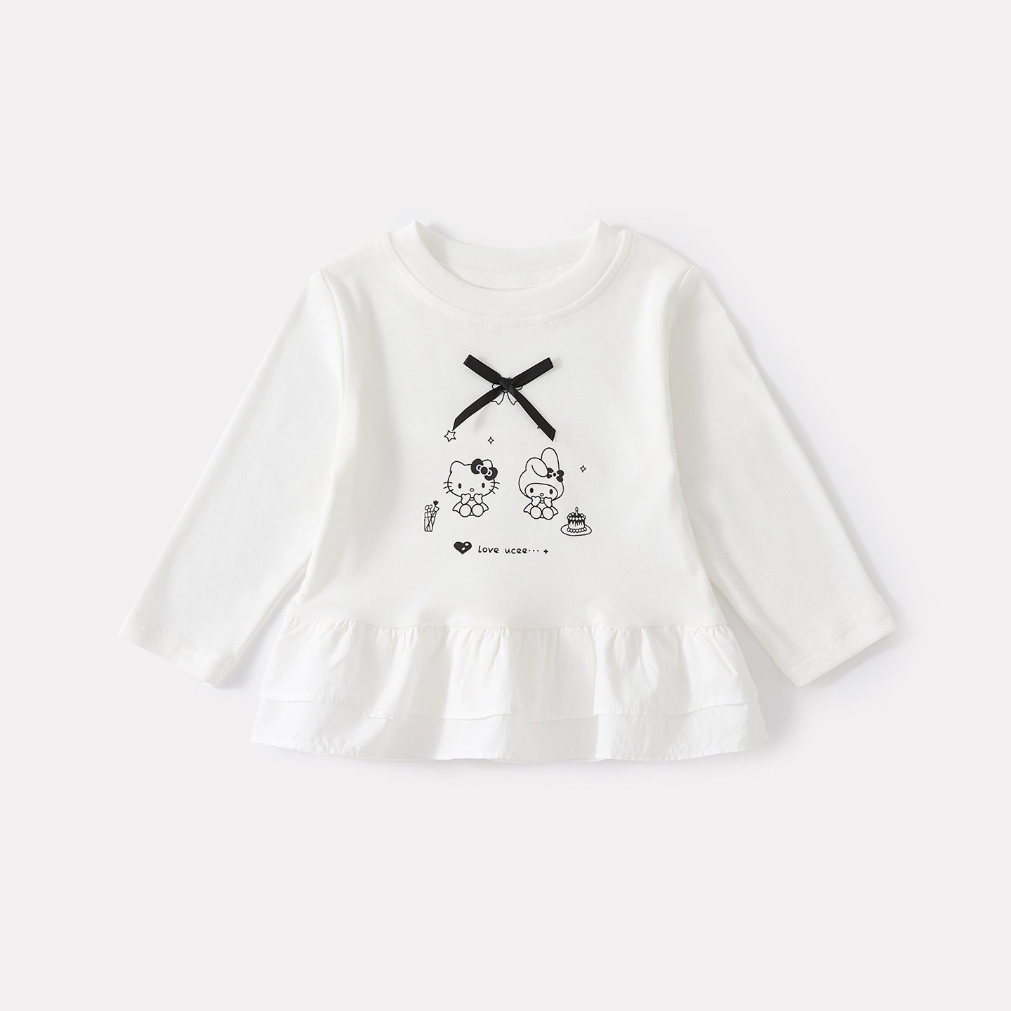 Cartoon Print Long Sleeve T-Shirt with Polka Dot Ruffled Straight Pants Two-Piece Set