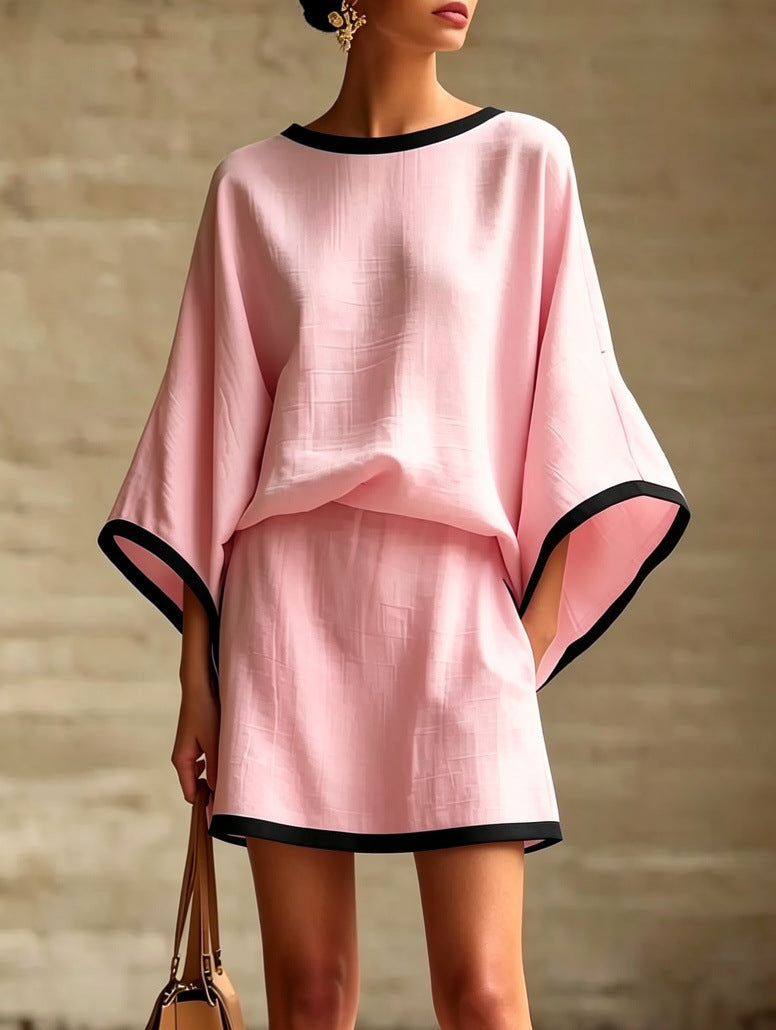 Cotton Linen Casual Batwing Sleeve Top and Skirt Two-Piece Set for Women