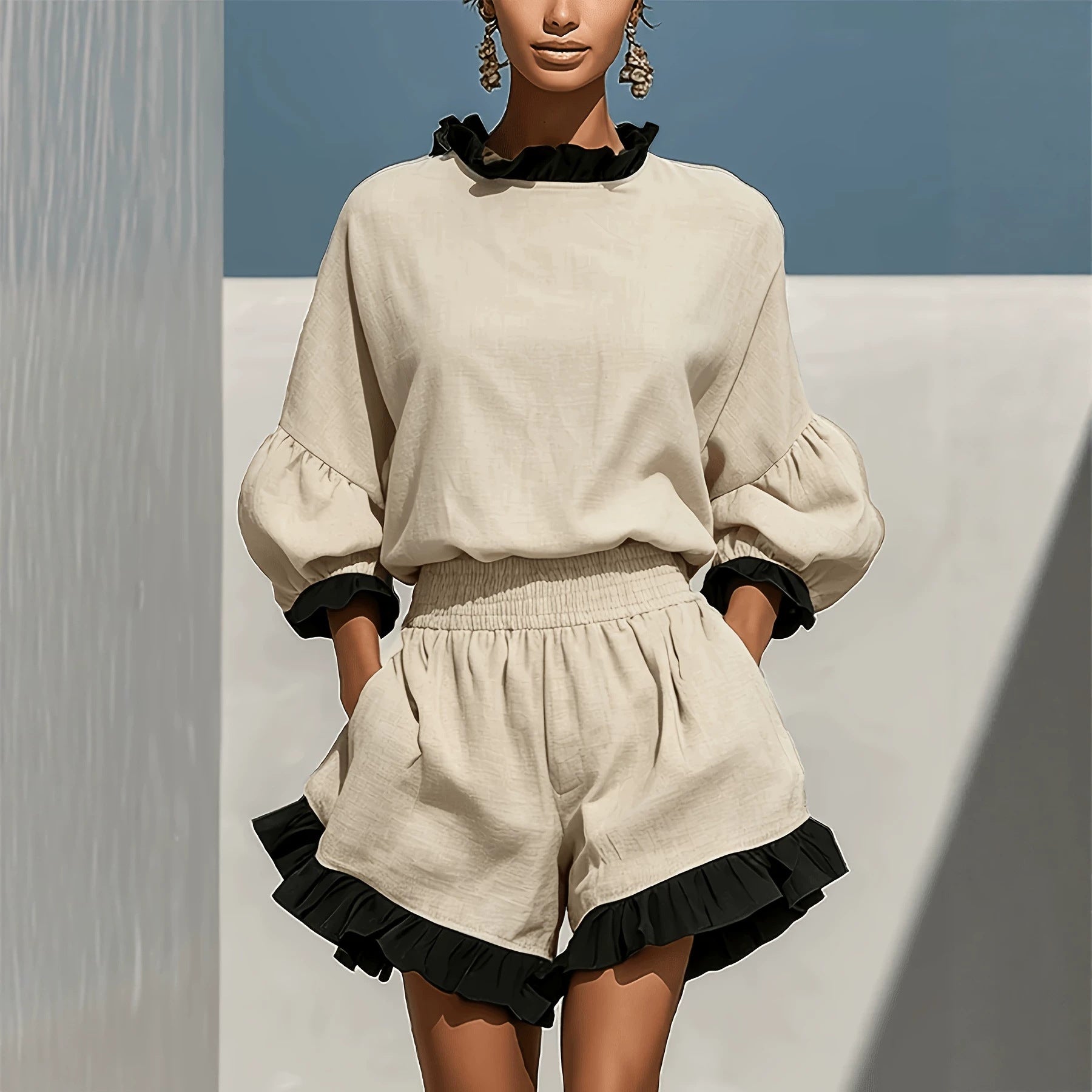 Ruffled Linen Two-piece Set Round Neck Lantern Sleeve Top with High Waist Pocket Shorts