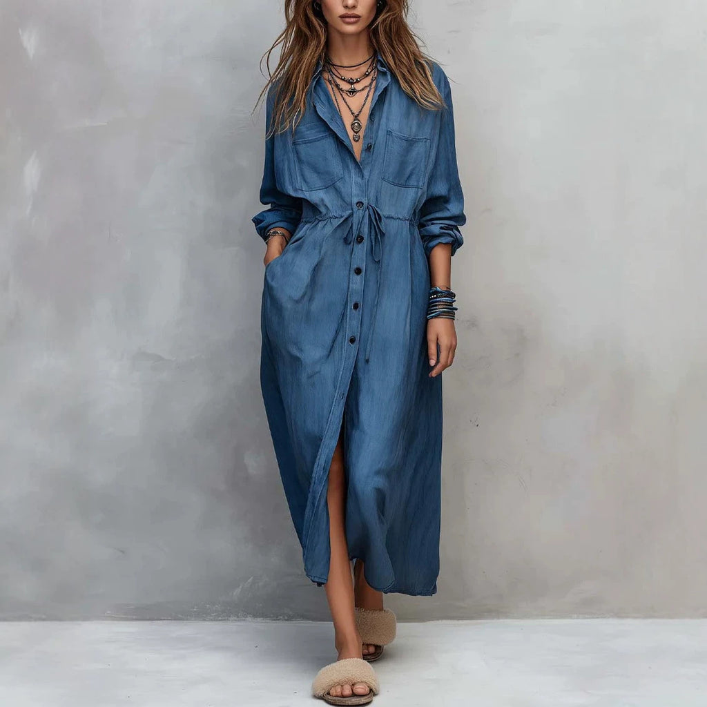 Spring and Autumn Casual Drawstring Waist Shirt Dress Loose Style for Women