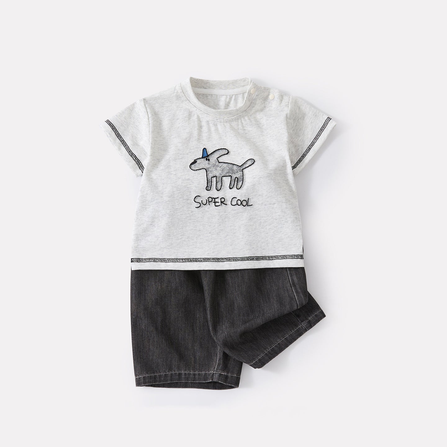 Cartoon Dog Embroidered Short Sleeve Top and Casual Breathable Denim Pants Two-Piece Set for Baby Boys