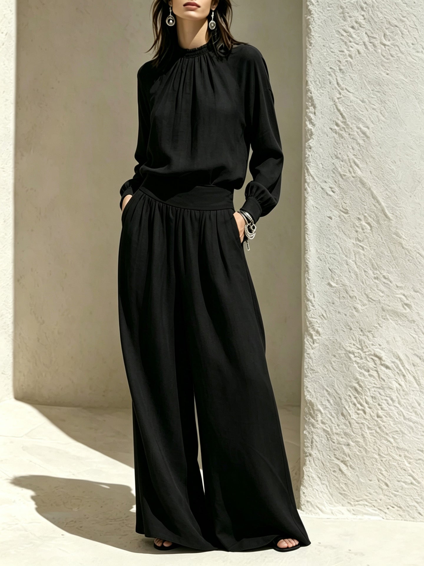 Casual Solid Color Long Sleeve Stand-up Collar Loose Fit Women's Fashion Set BlouseWide-leg Pants
