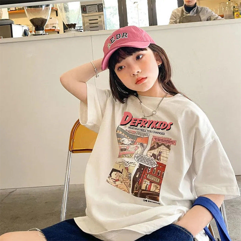 Children's T-Shirt  Girls White Short Sleeve Basic Tee for Medium to Large Kids Apparel