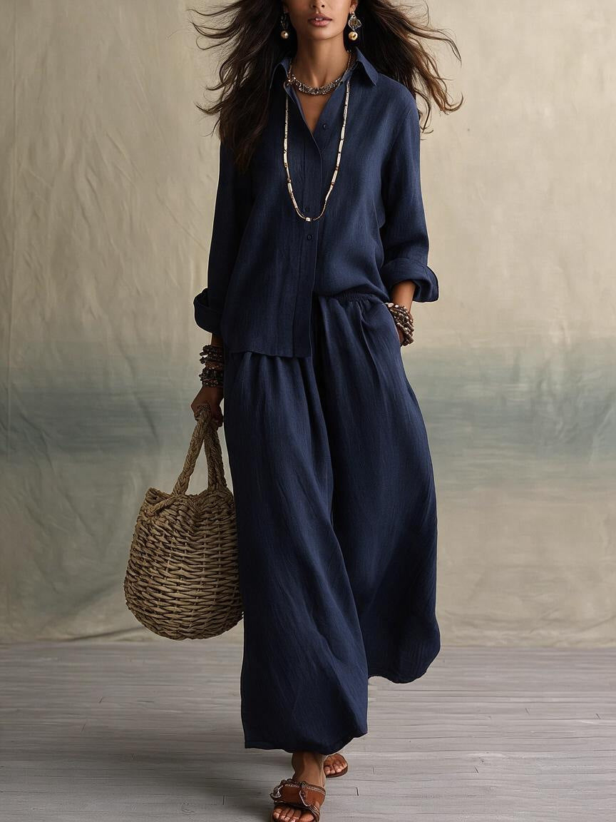 Summer High-End Shirt Collar Outfit Loose Cotton Linen Women's Set