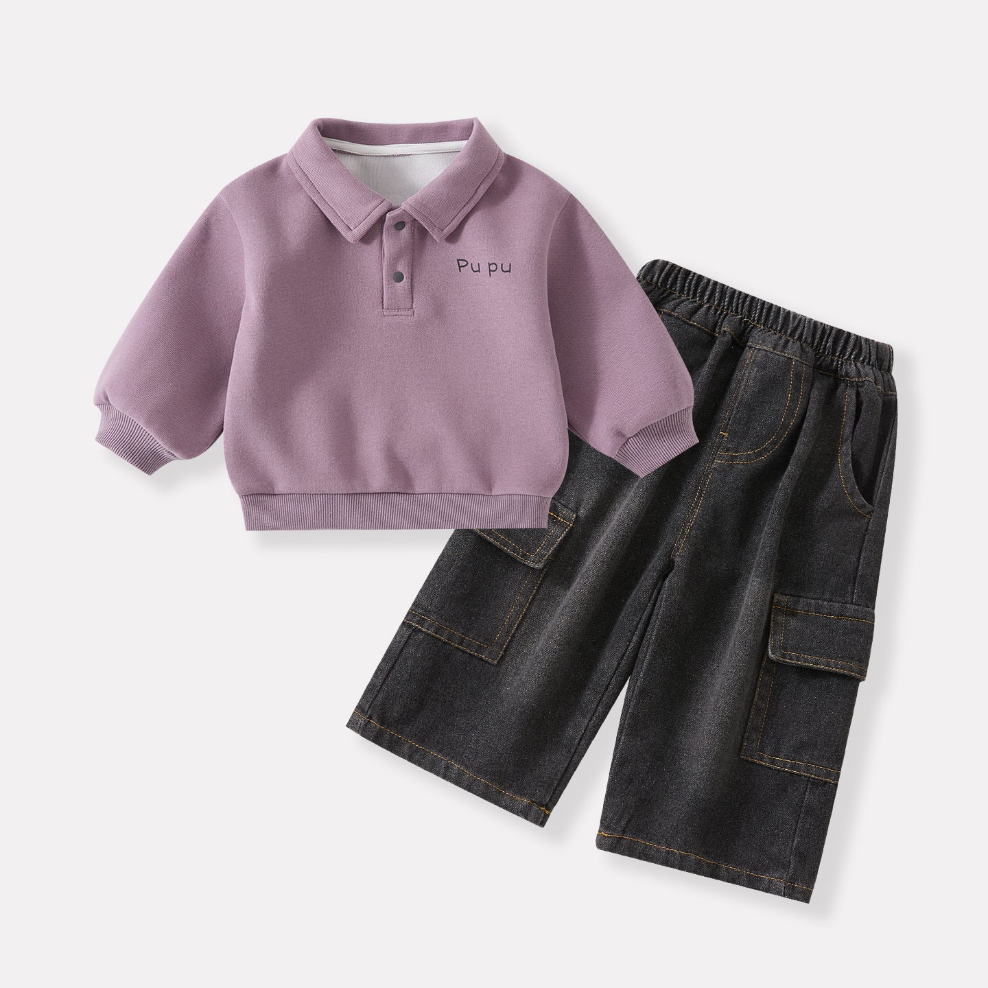 Turn-Down Collar Polo Knit Sweatshirt and Stylish Cargo Jeans Two-Piece Set for Boys