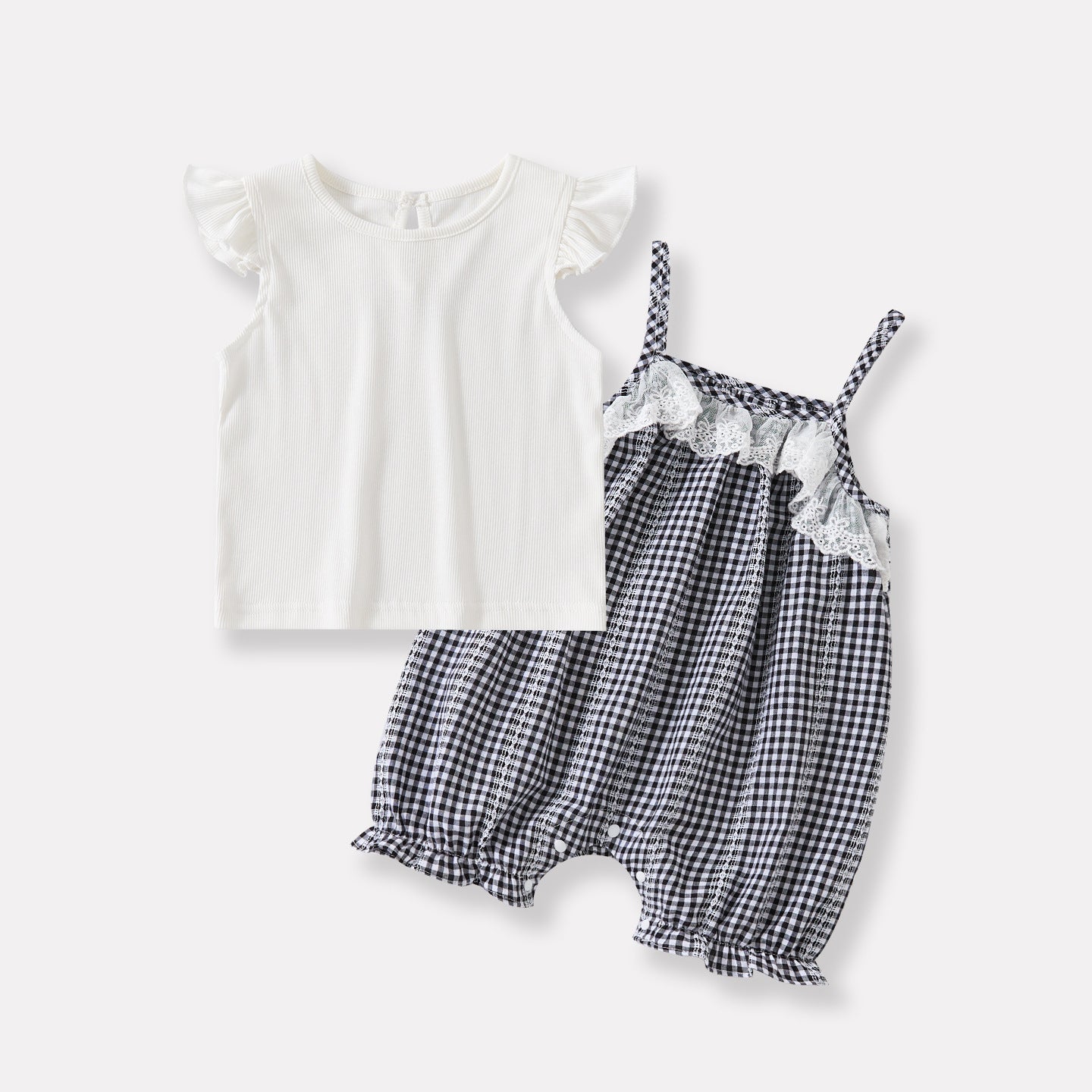 Baby Fresh Sleeveless Top with Ruffles,  Patchwork Lace Checkered Strap Romper Two-Piece Set