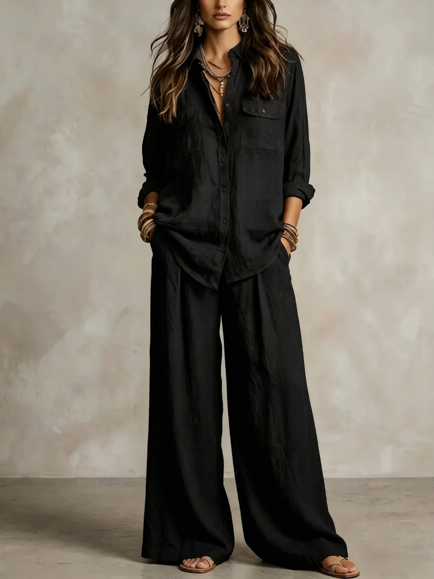 Chic Linen Set for Women, Breathable Lightweight Long Sleeve Shirt with Drapey Wide-Leg Pants, Vacation Style Casual Outfit