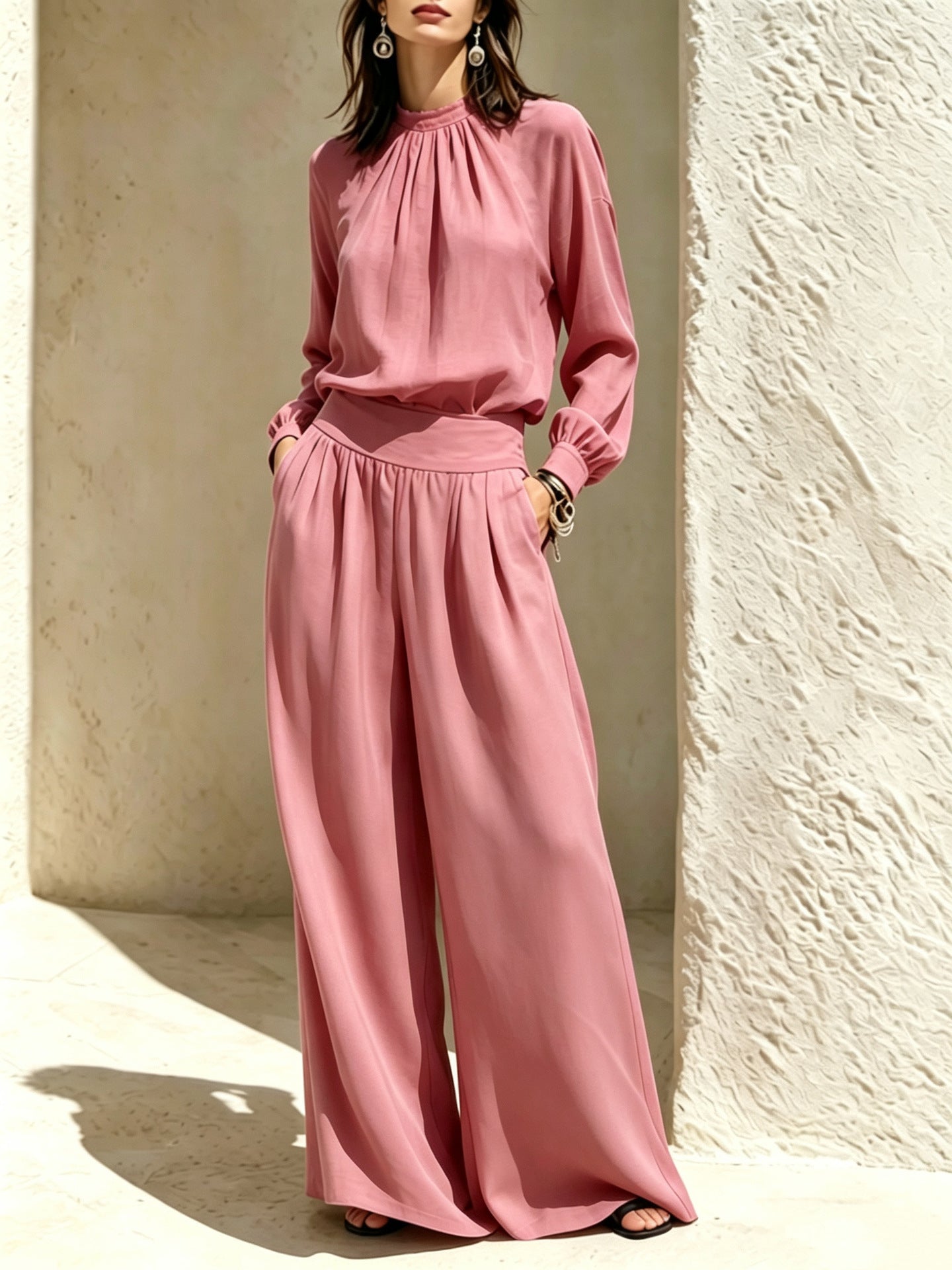 Casual Solid Color Long Sleeve Stand-up Collar Loose Fit Women's Fashion Set BlouseWide-leg Pants