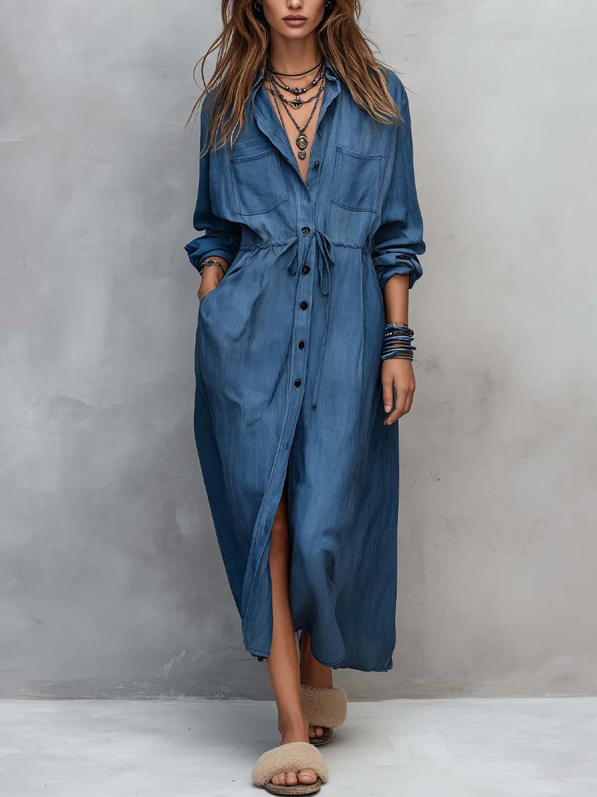 Spring and Autumn Casual Drawstring Waist Shirt Dress Loose Style for Women