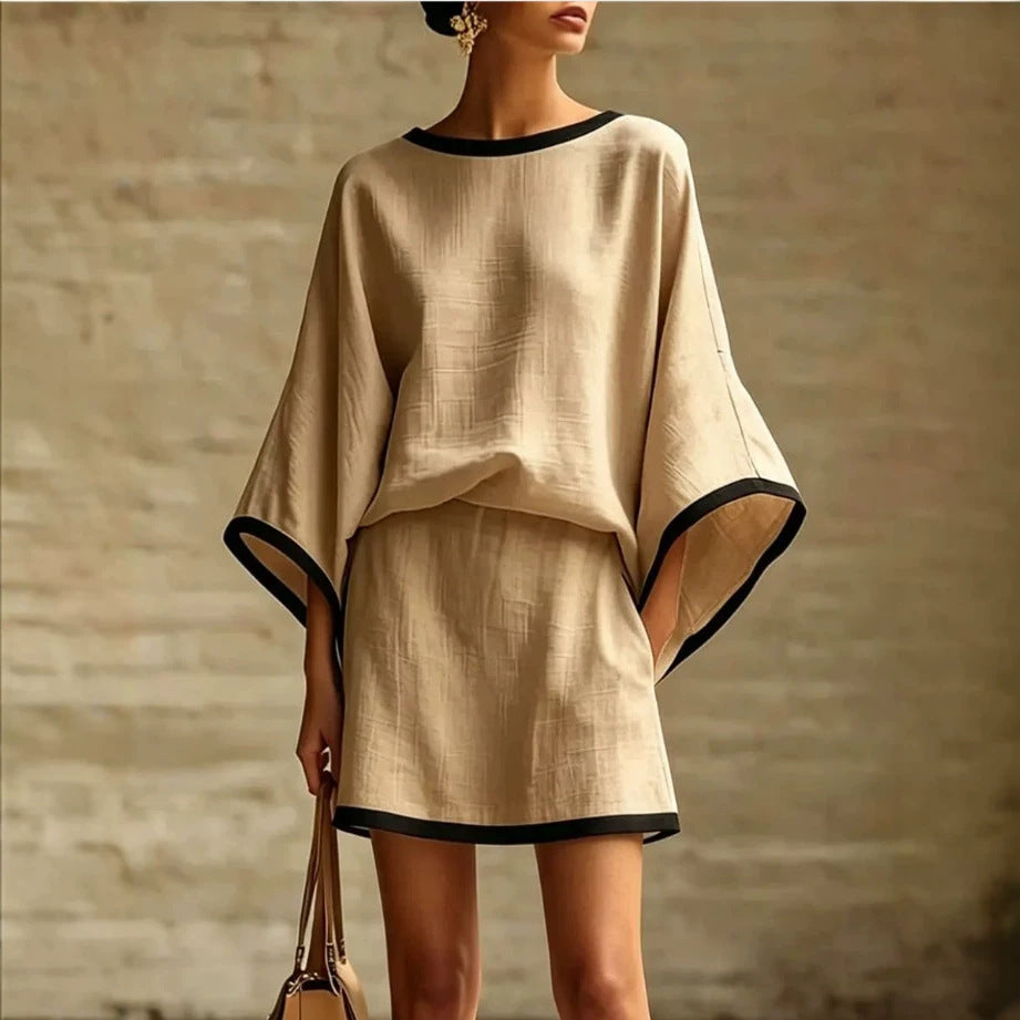 Cotton Linen Casual Batwing Sleeve Top and Skirt Two-Piece Set for Women