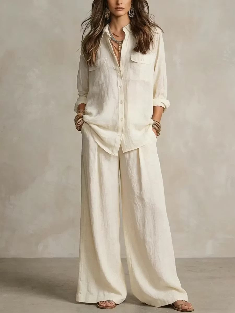 Chic Linen Set for Women, Breathable Lightweight Long Sleeve Shirt with Drapey Wide-Leg Pants, Vacation Style Casual Outfit