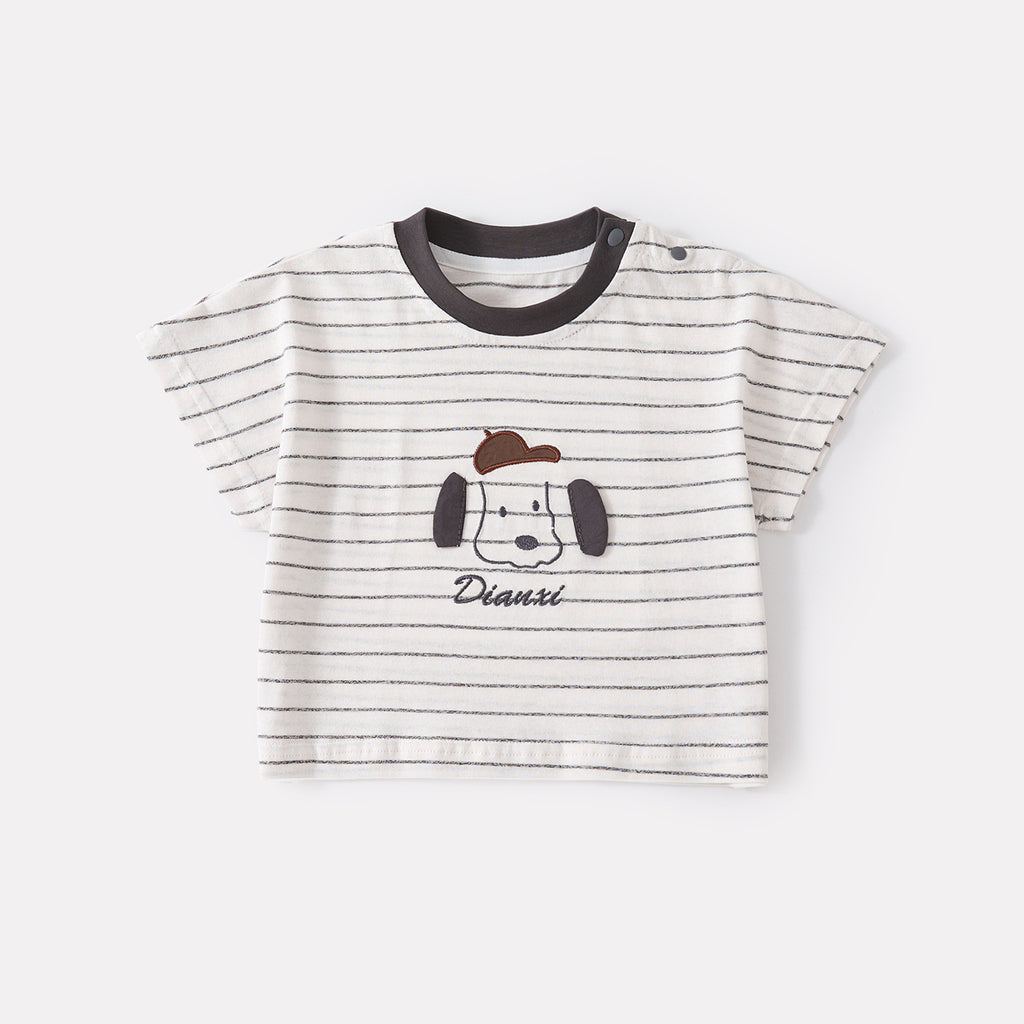 Cartoon Embroidered Stripe Short Sleeve Outfit with Breathable Mosquito-Resistant Pants, Stylish Two-Piece Set